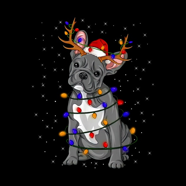 French Bulldog Reindeer Xmas Color Lights Merry Christmas by cogemma.art