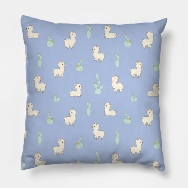 Cactus and Alpacas Pattern in Blue Pillow by Noristudio