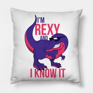 Cool dinosaur - illustration of a smiling t-rex wearing sunglasses “I’m rexy and I know it”. Trex lover gift Pillow