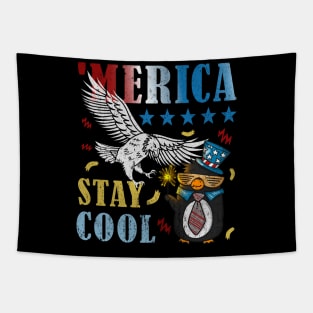 Merica Funny Eagle and Penguin with Fireworks Stay Cool Tapestry