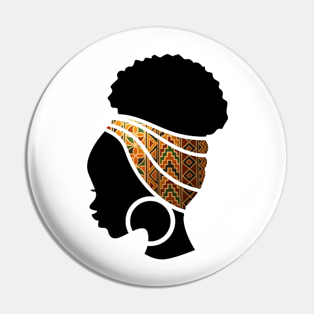 Afro Hair Woman with African Pattern Headwrap Pin by dukito