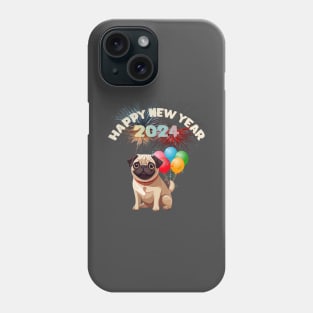 "Happy New Year 2024" Pug Dog Design! Phone Case