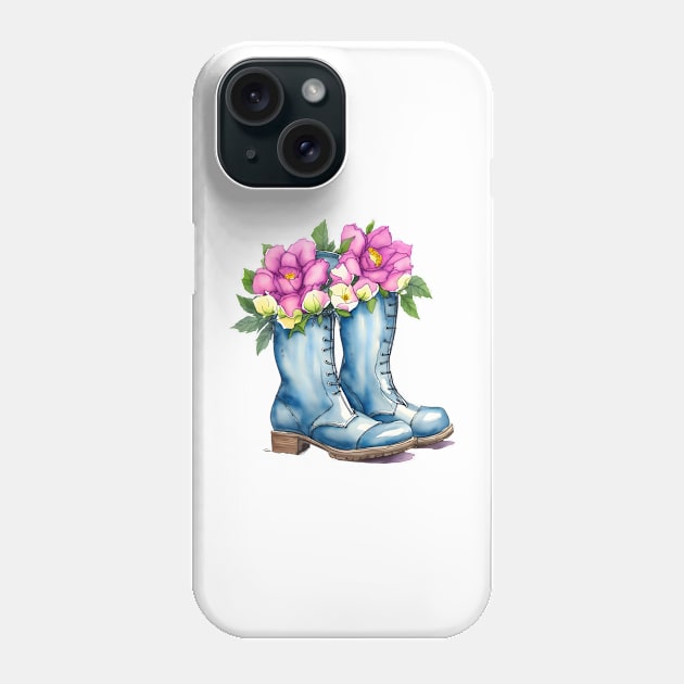 Cute Blue Boots Violet Purple Peony Bouquet Watercolor Flower Boots Drawing Phone Case by PetalsPalette