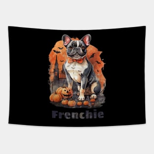 French bulldog, witch hat and Spider web, scary Halloween, jack pumpkin, spooky Tapestry