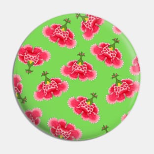 Chinese Vintage Pink and Red Flowers with Vivid Lime Green - Hong Kong Traditional Floral Pattern Pin