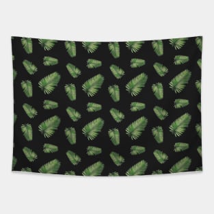 Green Palm Leaves on Black Background Pattern Tapestry