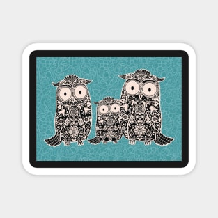 Folk Art Owl Family with Owlet on Teal Floral Background Magnet