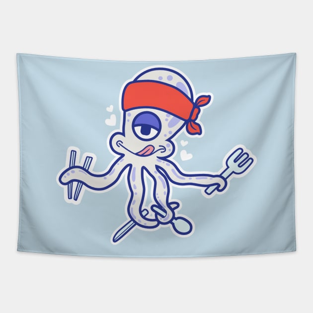 Octopus cartoon character withholding cutlery Tapestry by Mudha studio