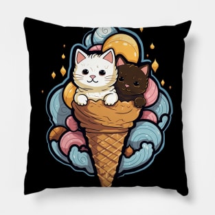 Pink & Blue Cat Ice-Cream Delight: Doodle Art Flat Color Pillow