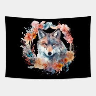 Colorful Wolf With Flowers Tapestry