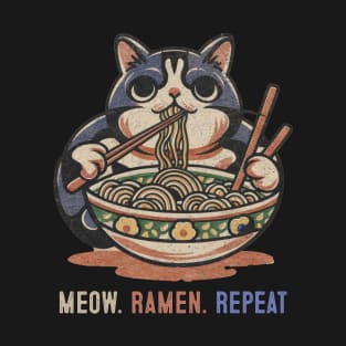 Meow Ramen Repeat Anime Cat Eating Ramen Manga Kitty T-Shirt