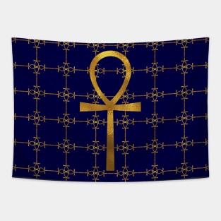 Blue and Gold Egyptian Ankh - Key Of Life Mask Tapestry