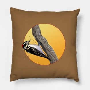 Downy Woodpecker Pecking Wood Pillow