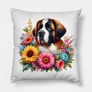 A St. Bernard dog decorated with beautiful colorful flowers. Pillow