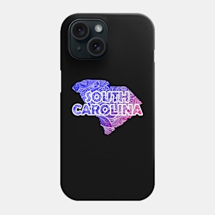 Colorful mandala art map of South Carolina with text in blue and violet Phone Case