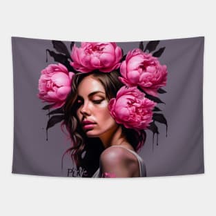 Flower Head Woman with Pink Peony Roses Tapestry