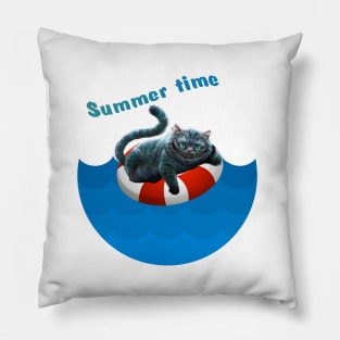 Summer cat chilling on pool Pillow