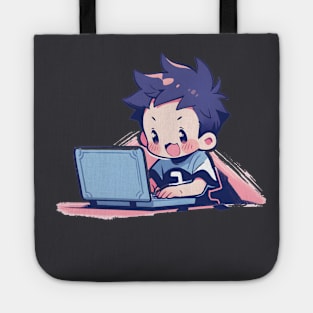 Cute Anime boy using laptop Tote