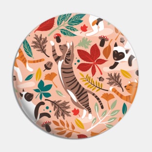 Autumn joy // pattern // flesh coral background cats dancing with many leaves in fall colors Pin