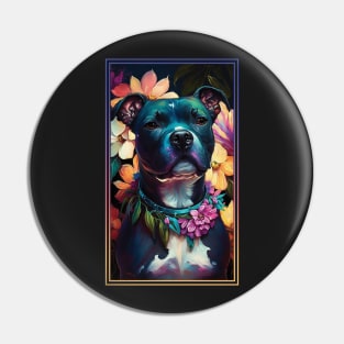 American Staffordshire Terrier Pitbull Vibrant Tropical Flower Tall Digital Oil Painting Portrait  3 Pin