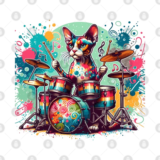 Devon Rex Cat Playing Drums by Graceful Designs