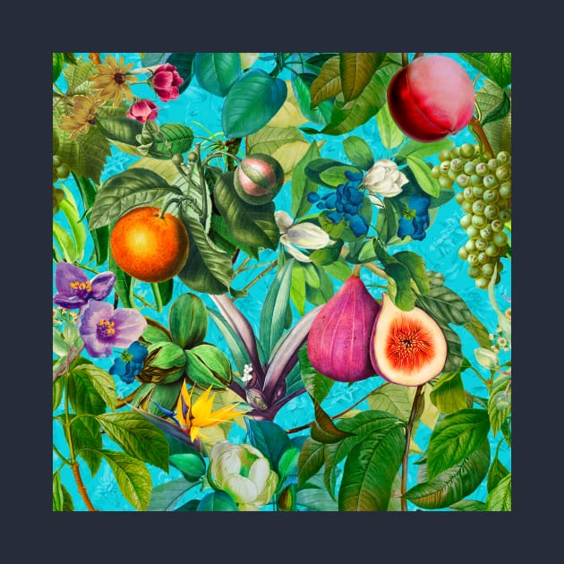 Vibrant tropical floral leaves and fruits floral illustration, botanical pattern, blue fruit pattern over a by Zeinab taha