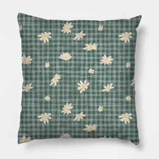 Chamomile Blooms on Green Pine Gingham Textured Stripes Pillow