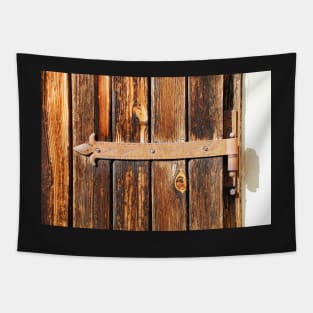 Rusted Hinge on Wooden Door Tapestry