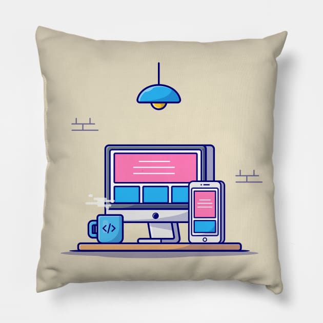 Desktop With Hand Phone And Coffee Cartoon Vector Icon Illustration Pillow by Catalyst Labs