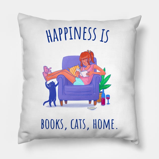 Happiness is Books, Cats, Home - Illustrated Pillow by intromerch