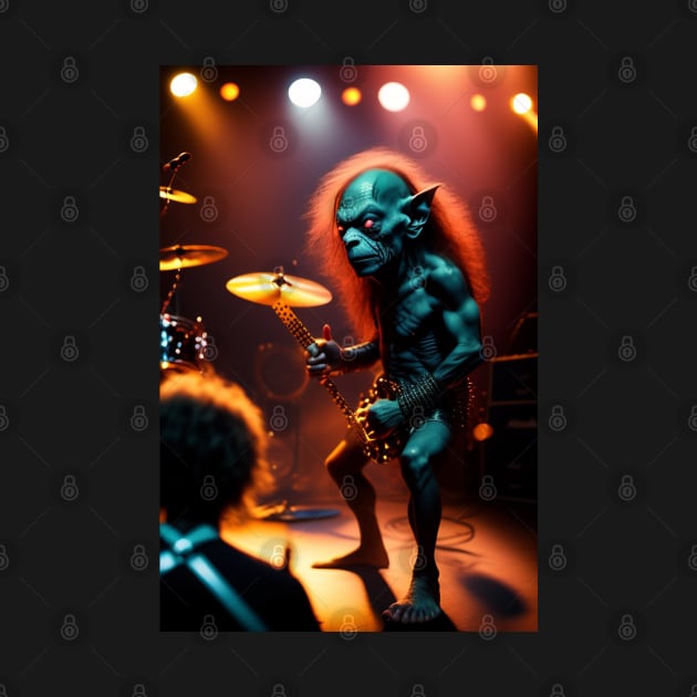 Funny Gollum playing in a heavy metal band graphic design artwork by Nasromaystro