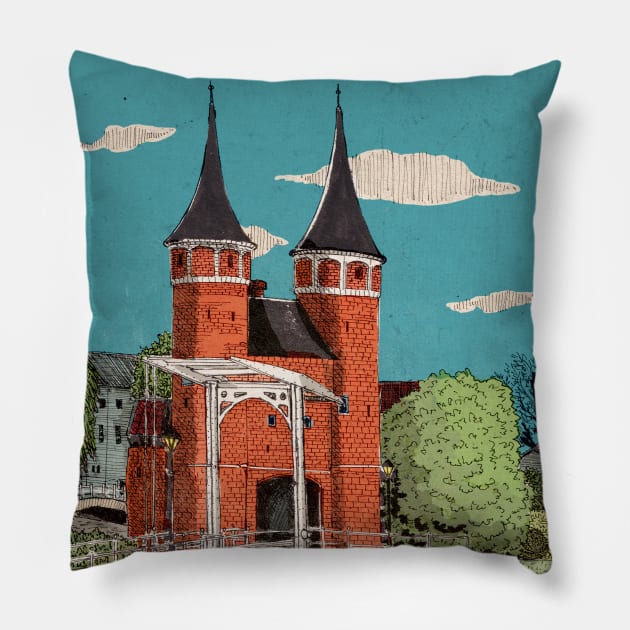 Oosterpoort Delft Netherlands - Eastern Gate Delft City Travel Art Pillow by Wall-Art-Sketch