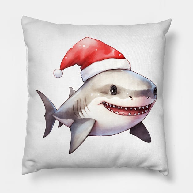 Great White Shark in Santa Hat Pillow by Chromatic Fusion Studio