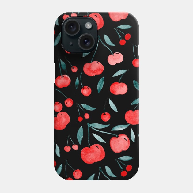 Watercolor cherries pattern - red, teal on black Phone Case by wackapacka