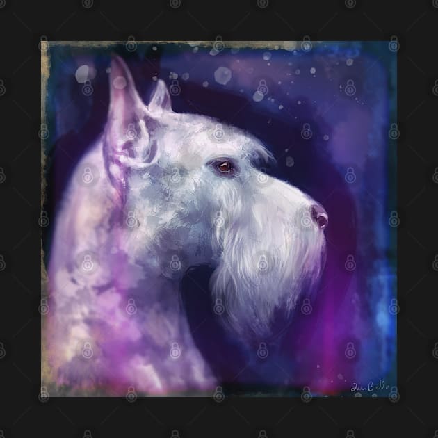 An Expressive Painting of a White Schnauzer on Purple Blue Shades by ibadishi