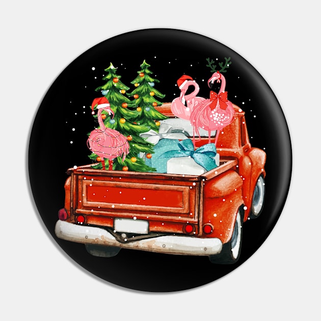 Christmas Three Flamingo Ride Red Truck Xmas Santa Hat Pin by dounjdesigner