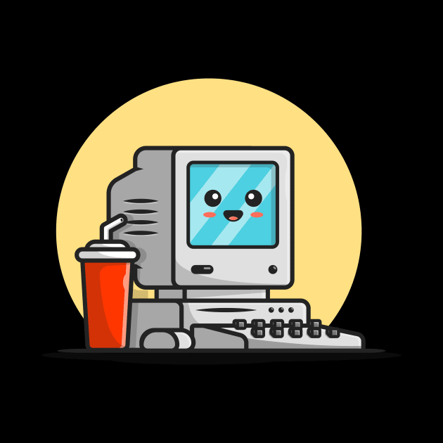 Cute Old Computer Desktop with Coffee Cartoon Vector Icon Illustration by Catalyst Labs