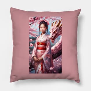 Year of the Dragon 2024 - Girl between cherry blossoms Pillow