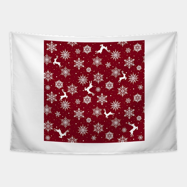 Christmas Reindeers Snowflakes Red Tapestry by SSSowers