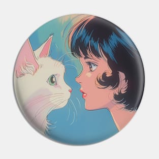 Retro Anime Girl And Cat Vintage Art 70s 80s 90s Pin