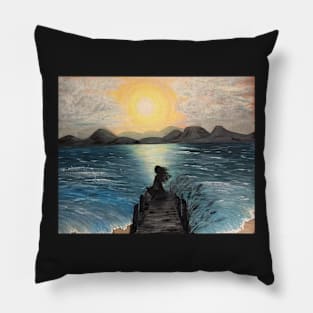 Ocean Sunset Painting Original Art Girl on Dock Nature Beach Gifts Pillow