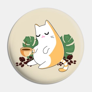 Ginger persian orange cute cat drinking coffee surrounded by leaves and beans of coffee Pin