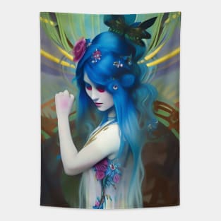 Cool Trippy Hippie Girl with Blue Hair Dancing Japanese Geisha Tapestry