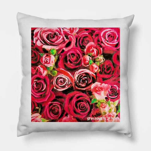 Red roses abloom Pillow by gjspring