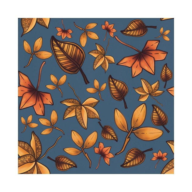 Autumn Leaves Pattern Design Blue Background by WalkSimplyArt