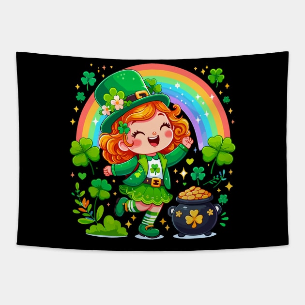 A cute Irish Lassie dancing an Irish jig celebrates St Patrick's Day with a rainbow a pot of gold and shamrocks Irish Pride Irish American four leaf clovers Tapestry by Tees 4 Thee