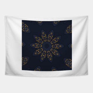 Golden pattern on blue background filling the frame. Tapestry