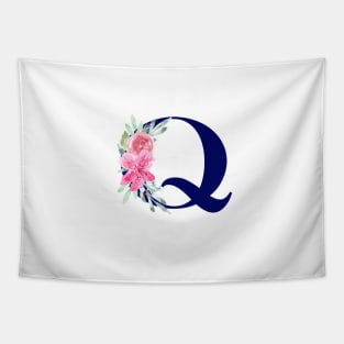Watercolor Floral Letter Q in Navy Tapestry