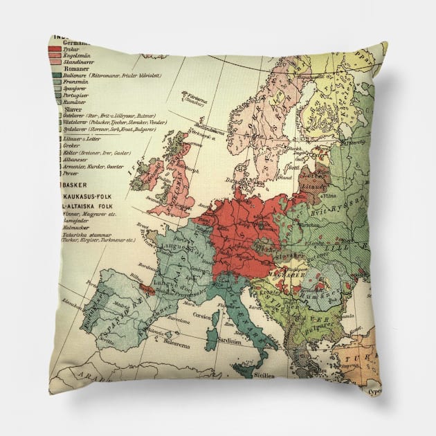 Vintage Linguistic Map of Europe (1907) Pillow by Bravuramedia