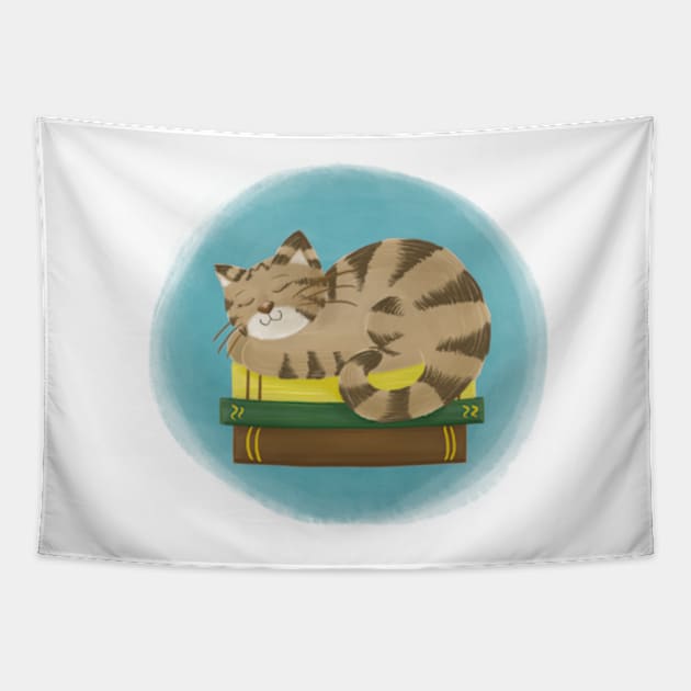 Cute cat sleeping on books Tapestry by AbbyCatAtelier